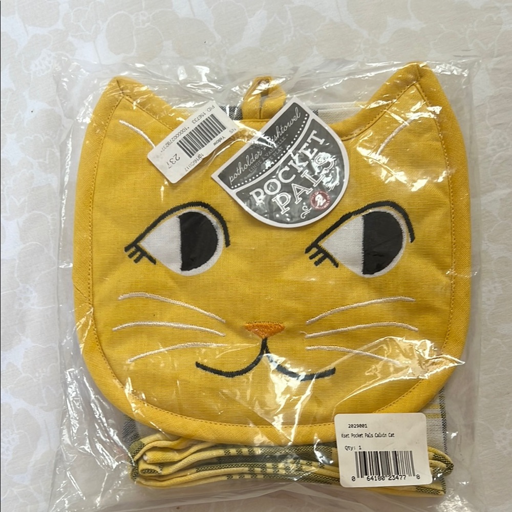 Yellow Cute Cat pot holder and tea towel